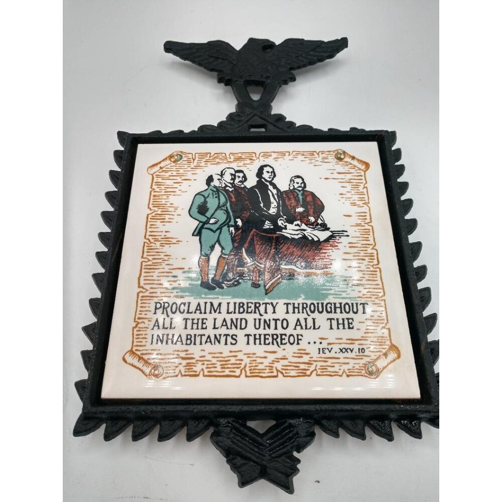 Vintage Enesco Cast Iron Eagle Wall Plaque With Ceramic Insert - Declaration Of